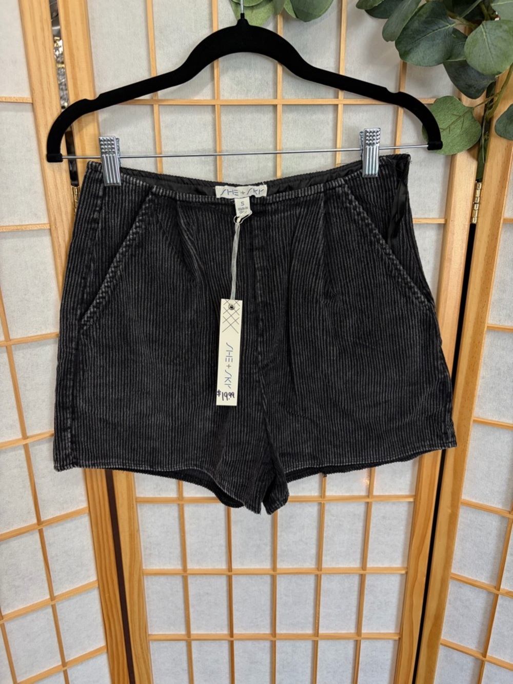 She and Sky Black High-Waist Corduroy Shorts
